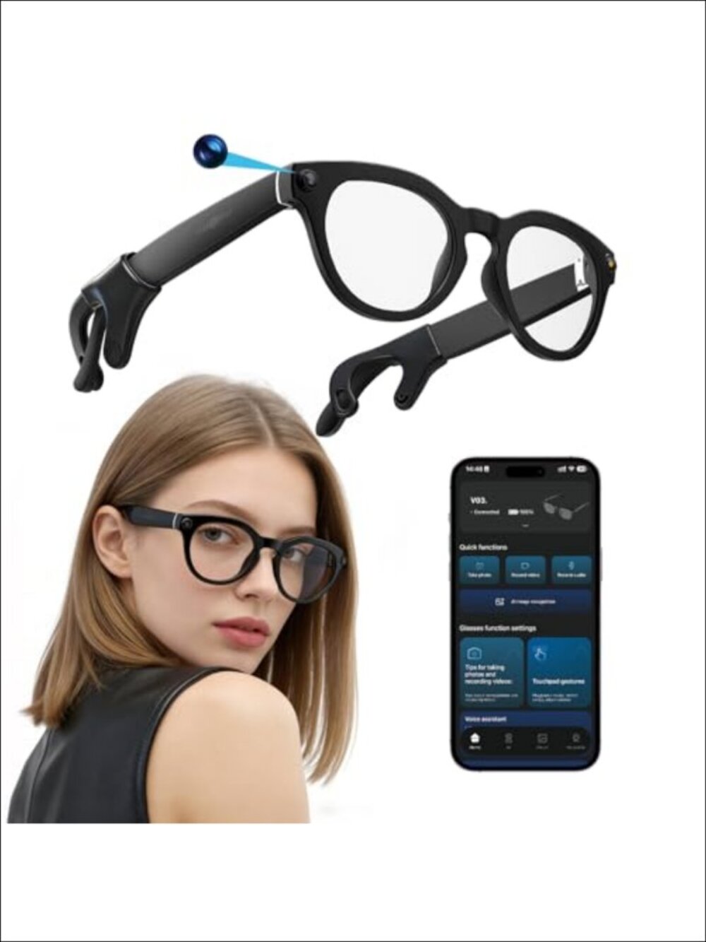 Smart Glasses 8MP Camera 1080P HD Video AI Translation Open-Ear Audio